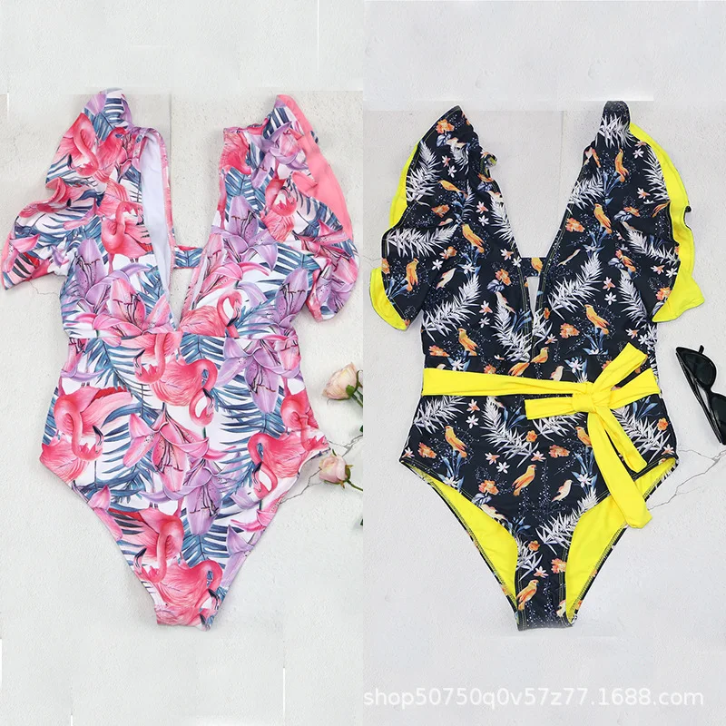 

Bikini Fashion Sexy Swimwear Printed One Piece Bikini Swimwear Sexy Flying Edge Triangle Double sided Fabric Women's Swimwear