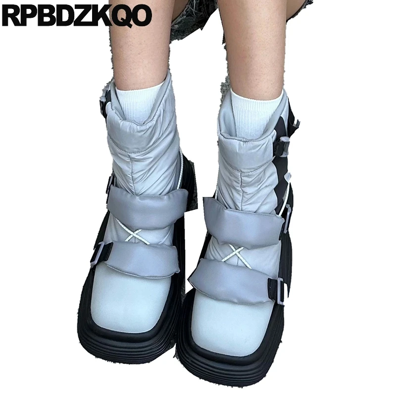 

High Heels Shoes Wedges Thick Square Toe Snowboots Snow Boots Buckle Platform Ankle Waterproof Women Biker Motorcycle Fur Lined