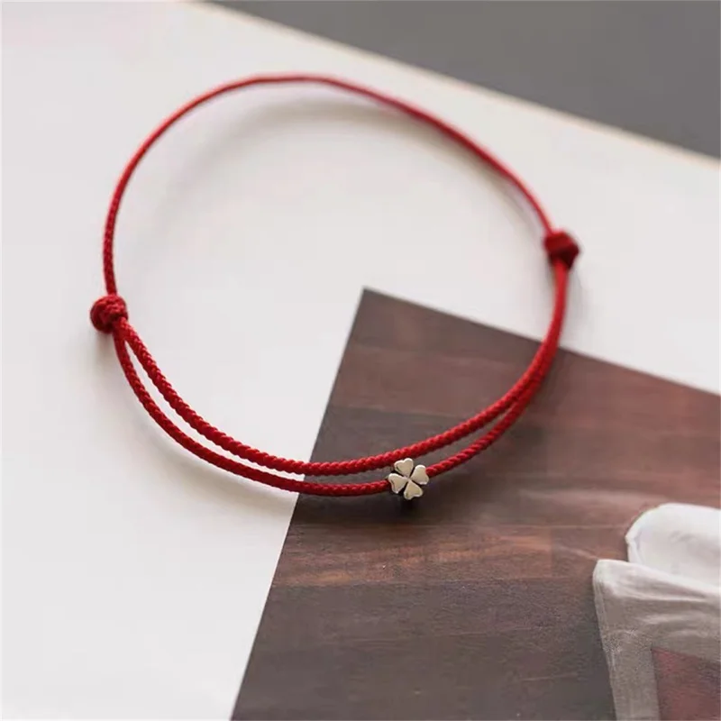 Mini Fashion Four-leaf Clover Red Thread String Bracelet Lucky Red Handmade Rope Charm Bracelet For Women Men Jewelry