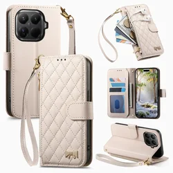 Zipper Leather Wallet Phone Case with Wrist Strap and Card Holder - XiaoMi POCO X7 5G (Beige)