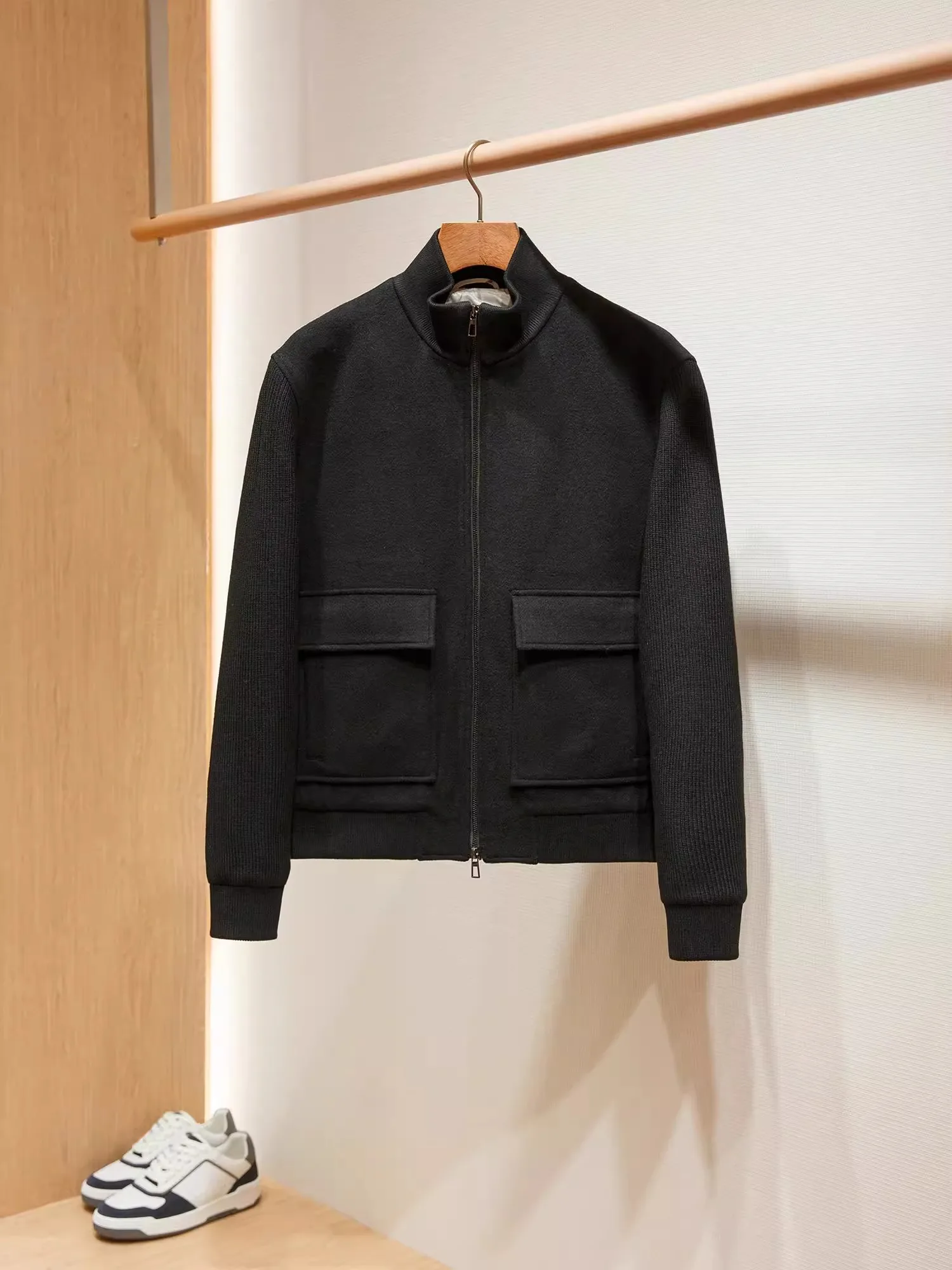 Cashmere Wool Blend Winter Thickened Men's Knit Sleeve Patchwork Woolen Coat 2024 High Quality Luxury Fashion New Men's Jacket 3