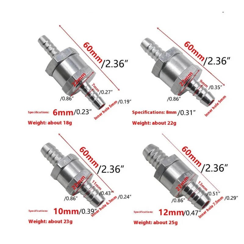 Aluminum Alloy Fuel Check Valve 1PC For Automotive And Ship Machinery 0.23/0.31/0.39/0.47in Gasoline Diesel Fuel Line