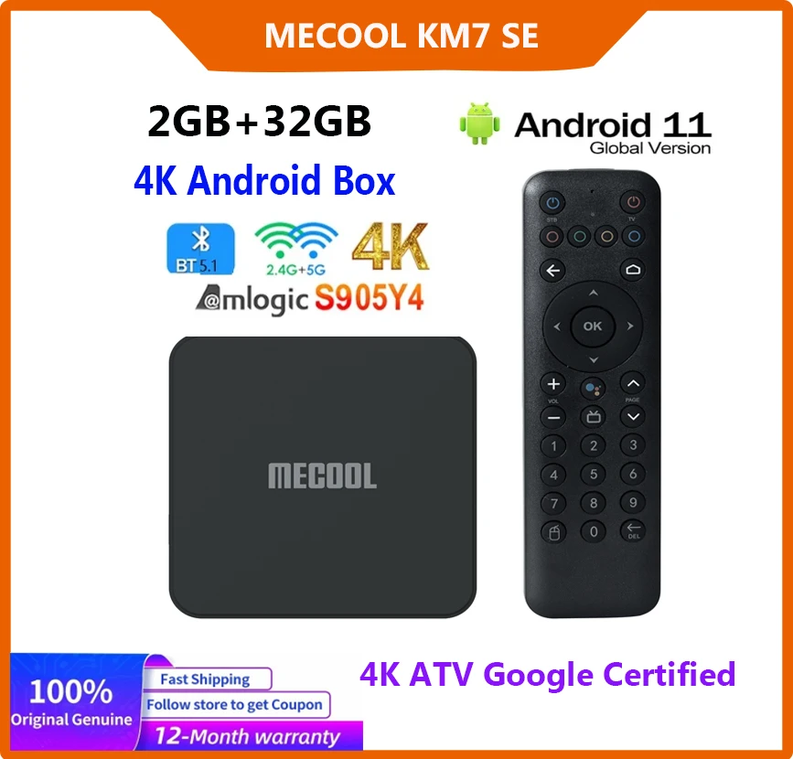 MECOOL KM7 SE Android 11 TV Box, 2GB RAM, 32GB ROM, HDR, Certificata Google