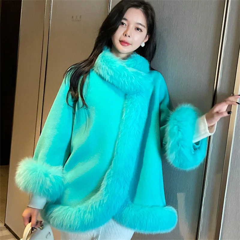 2023 Winter Cashmere Coat Chinese Style Fox Faux Furry Double-Sided Wool Loose Cape Warm Long Sleeved Jacket Women's Clothing