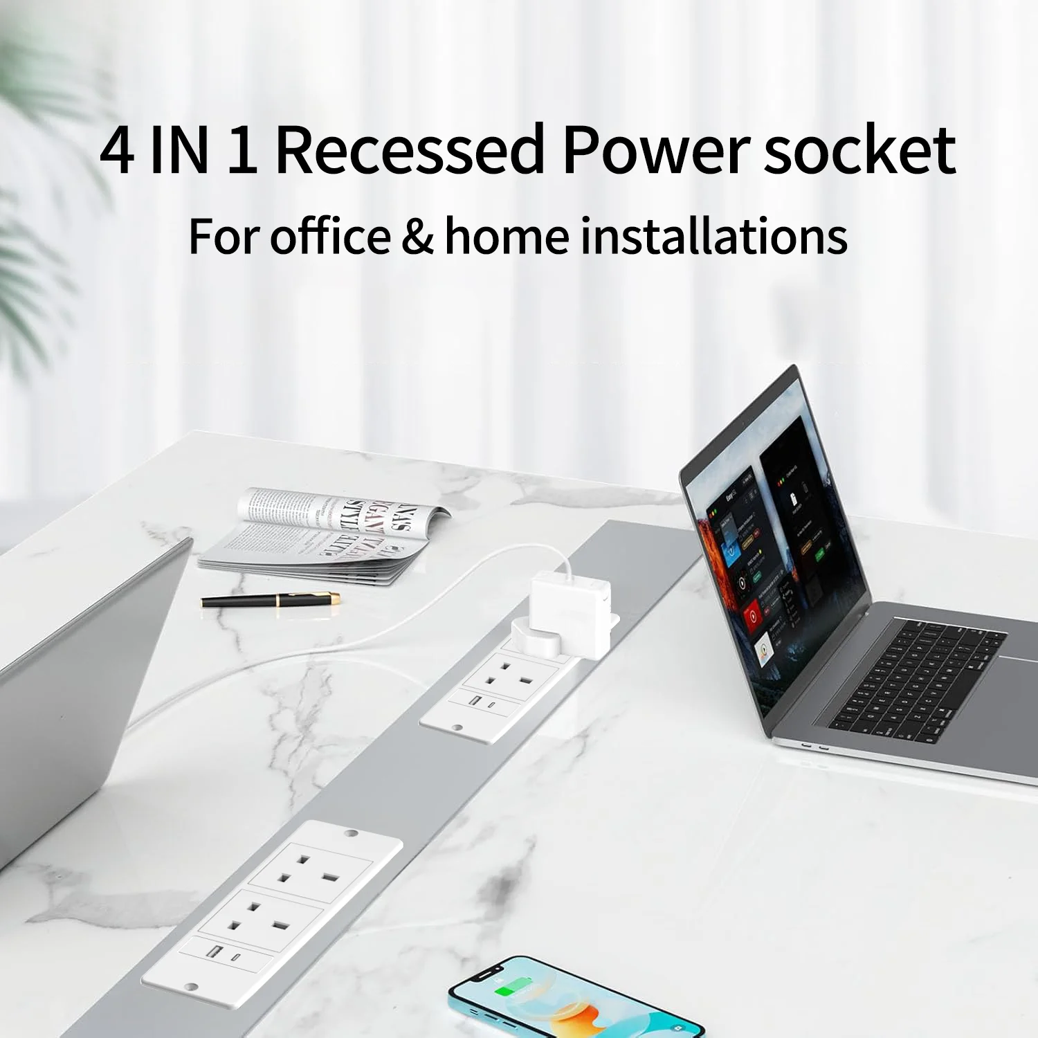 영국 플러그 매립형 전원 스트립 2개 콘센트 USB-C/USB-A 1.5M/59.05인치 전원 코드 공간 절약형 책상/카운터/가구용 간편 설치