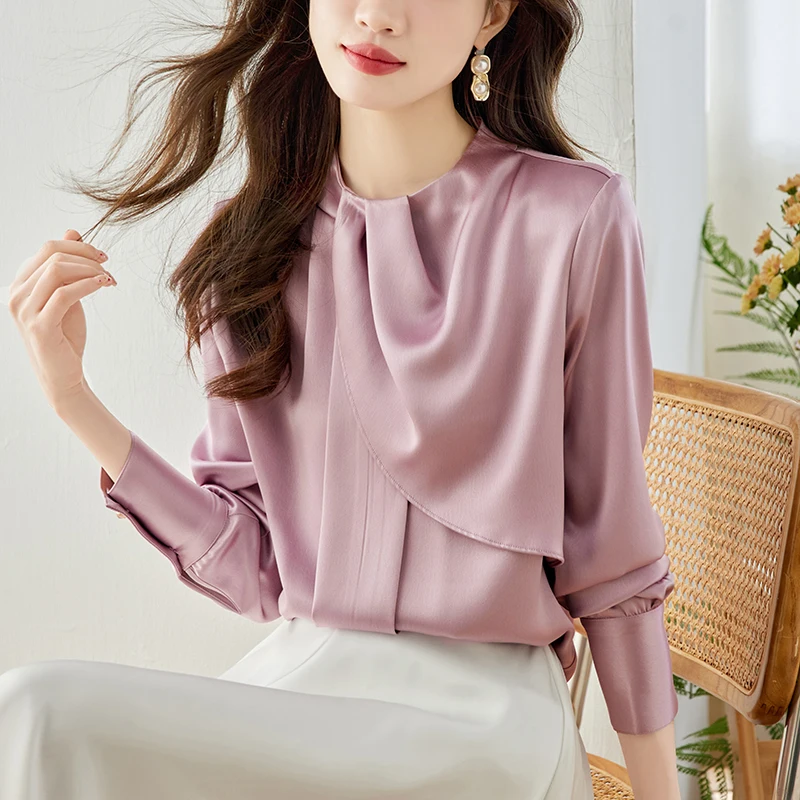 

New 2024 Satin Spring/Summer Women's Blouse Casual Fashion Advanced Temperament Simplicity Tops Solid Color Long Sleeved Shirt