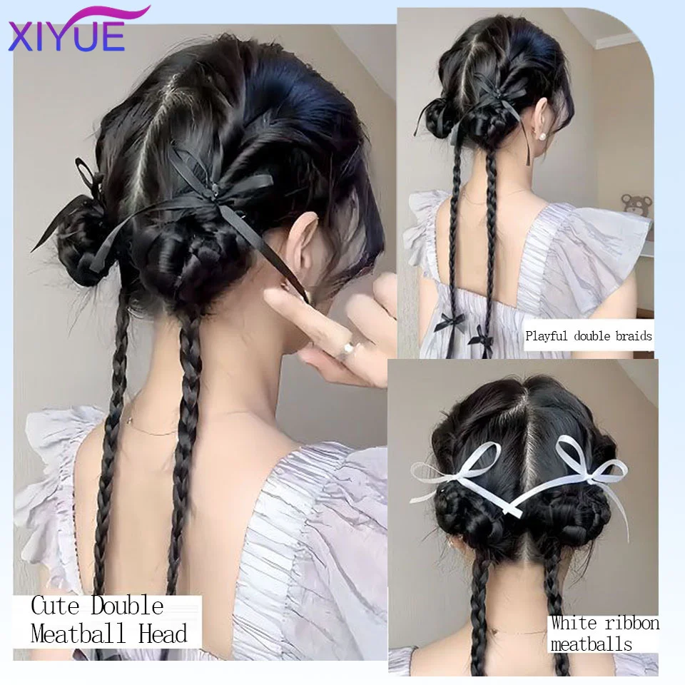 XIYUE Wig Bubble Braid Double Ponytail Fuffy Imitation Fried Dough Twists Braid Ponytail Wig