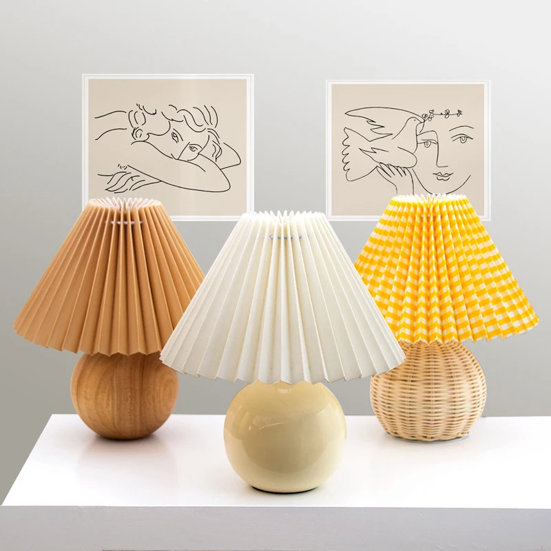 

Korean Pleated Table Lamp Ceramicrattan Table Lamp for Living Room Home Decoration Tricolor LED Bulb Vintage Bedside Lamp