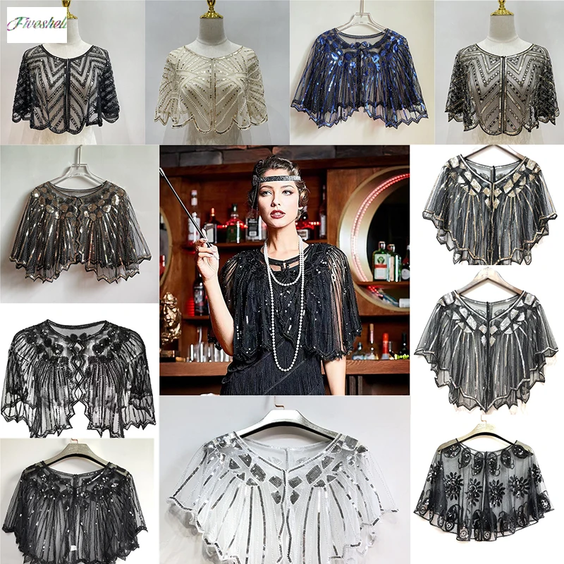 Vintage 1920s Flapper szal cekiny z koralikami krótkie peleryna zroszony ozdoba Gatsby Party Mesh krótki Cover Up akcesoria do sukienki