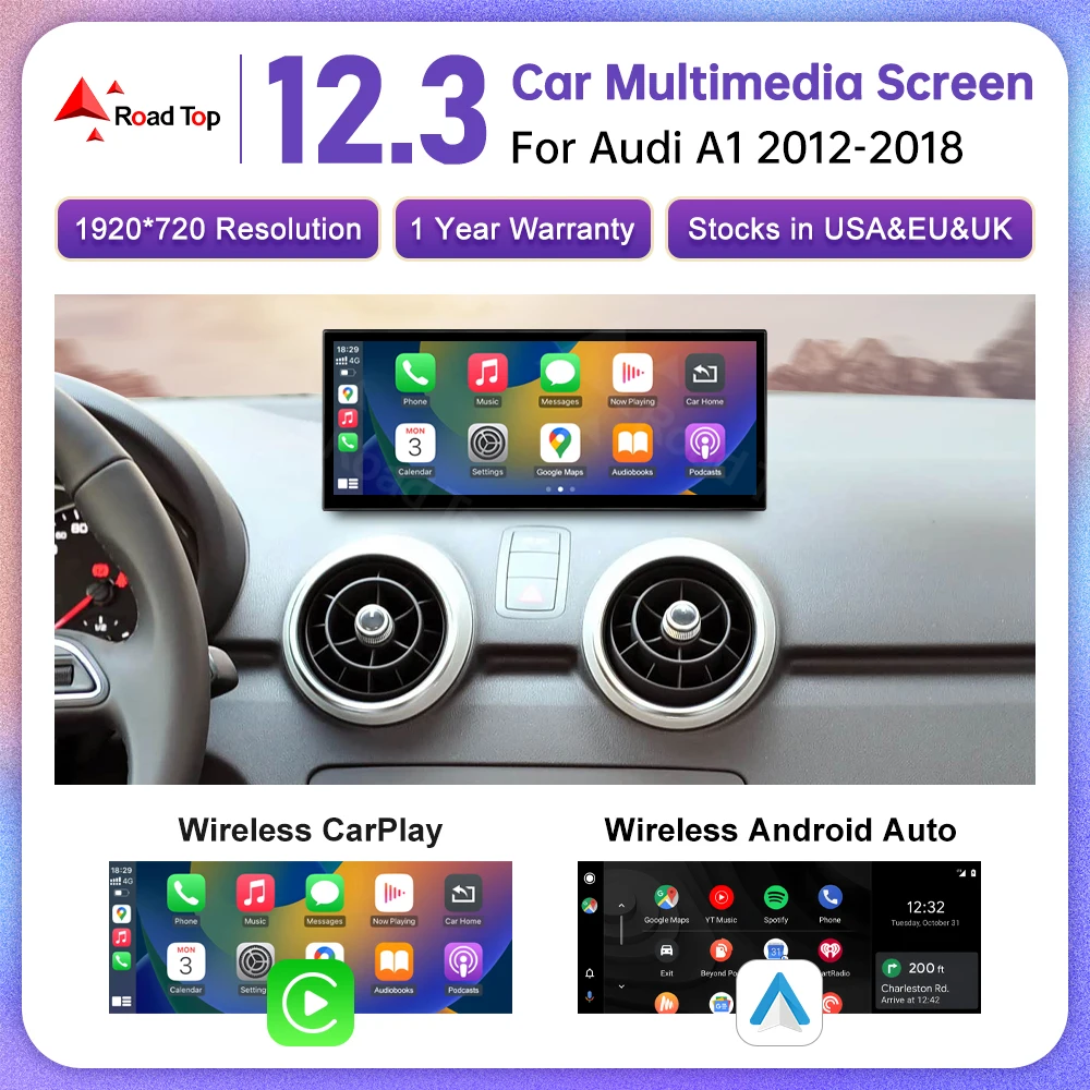 Pantalla táctil Linux Multimedia para coche de 12,3 pulgadas para Audi A1 2012-2018 inalámbrico CarPlay Android Auto Airplay reproductor de Radio para coche 1