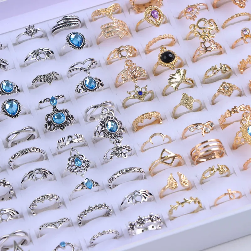 20Pcs/Lot Vintage Bohemia Geometry Flowers Leaf Rings For Charm Women Mix Style Color Fashion Jewelry Gift Accessories Wholesale