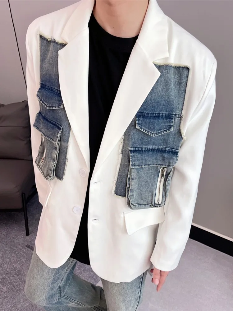 Mens Denim Spliced Casual Blazer Loose Fit Single Breasted Party Suit Coat Spring Designer Shoulder Pad Business Work Blazers