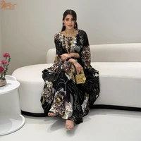 Muslim Abaya Women Muslim Dress Elegant Floral Printed Rhinestone Abayas Batwing Sleeves Ethnic Muslim Kaftan Abaya Maxi Dress