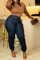 Plus Size Blue All Season Everyday High Waist Warm Skinny Jeans Women's Stretch Button Pencil Pants Mom Casual Pocket Work Jeans - Image 3
