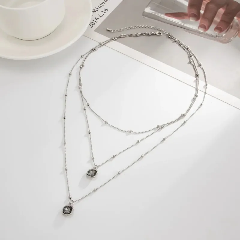Vintage Square Pendant Metal Round Bead Chain Multi-layer Fold Wear Necklace for Women Personality Party Jewelry Gifts