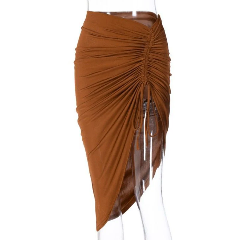 Women Clothes Office Lady Wrap Buttock Sexy Midi Skirt Elegant Solid Draped Irregular Lace up Drawstring Folds High Split Dress