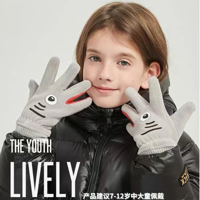 Kids Boy Gloves Winter 5-12 Years Coral Fleece Cartoon Shark Gloves Outdoor Keep Warm Thicken  Cycling Children Girl Gloves 2