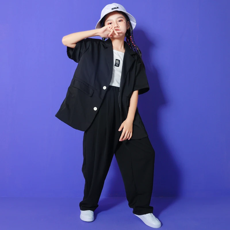 

Kids Teen Hip Hop Clothing Black Blazer Shirt Short Sleeve Suit Streetwear Casual Pants For Girl Boy Jazz Dance Costume Clothe