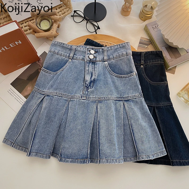 

Koijizayoi Fashion Women High Waist Denim Mini Short Skirt High Waist Fashion Lady Spring Summer Jeans Skirts Pleated Faldas