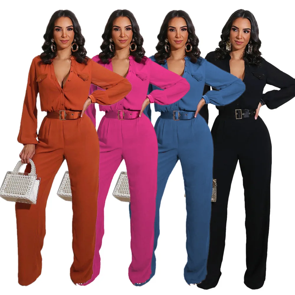 

Fashion Casual Loose Women's Party Gathering Slim Solid Color Long Sleeve Jumpsuit Without Belt