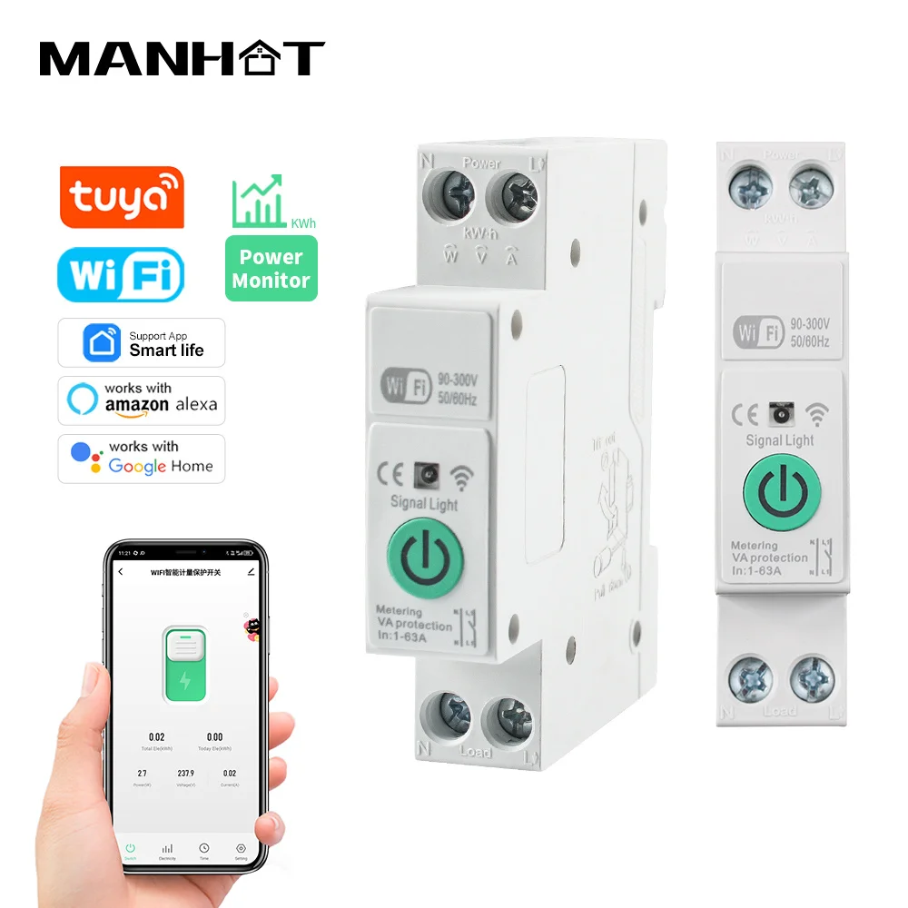 Tuya WiFi MCB Smart Circuit Breaker 1-63A Energy Meter Kwh วัดการตรวจสอบแรงดันไฟฟ้า Protector APP รีโมทคอนโทรล 1