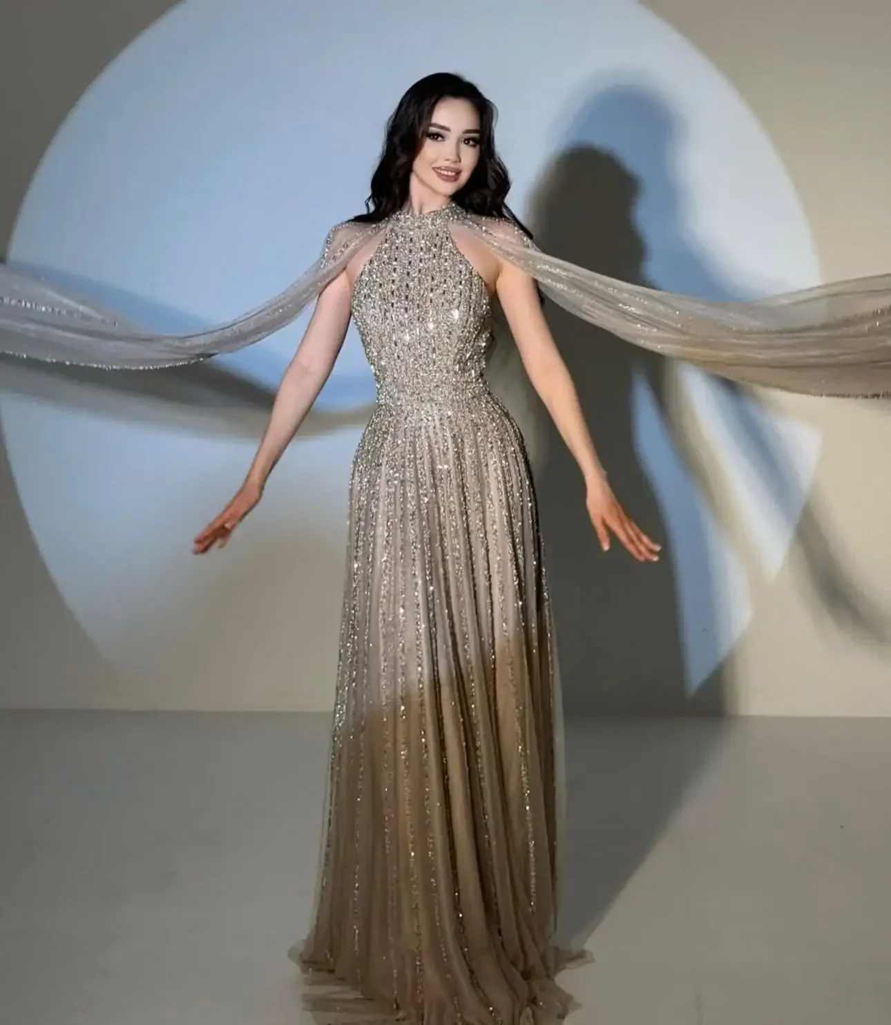 Aunber Luxury Champagne Sequin Ombré Evening Dresses High-Neck Halter Prom Dresses With Sheer Cape Party Dresses 3