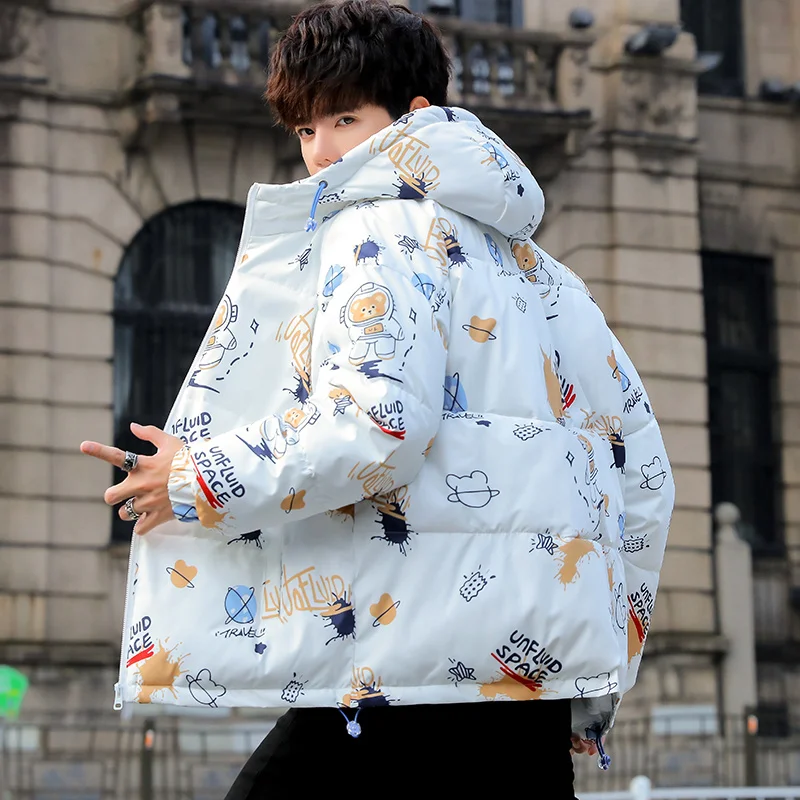 

Hooded Down Cotton Jacket Men Winter New Loose Casual Coats Male Printed Fashion Warm Clothes Thick Coat Drop Ship