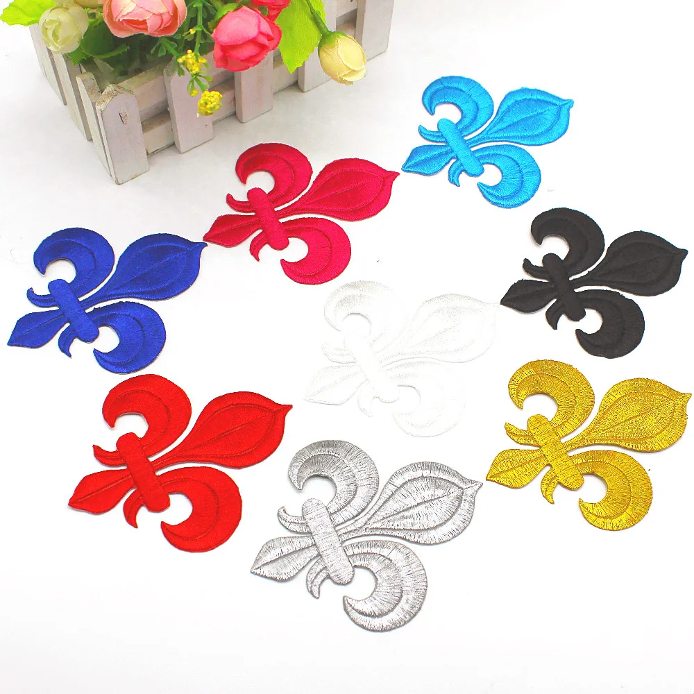Iron On Patches Gold Embroidery Flower Appliqued Christmas Fleur De Lis Flower 3D Lotus Appliques 10-8.5cm/3.5*3cm