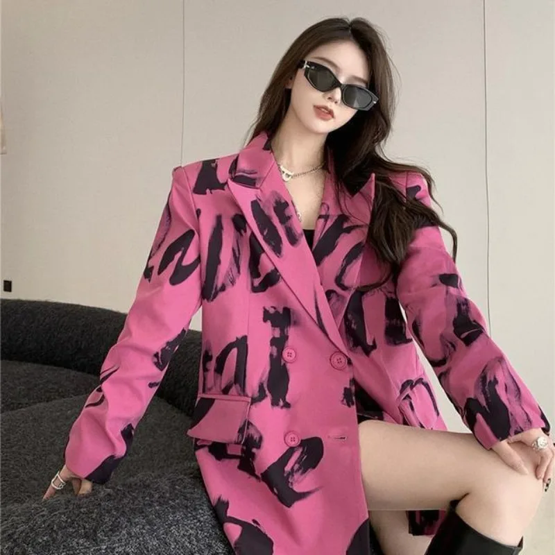 DAYIFUN Letter Printed Blazers Woman Notched Loose Long Sleeve Pink Suits Coats Streetwear Female 2024 Autumn Lady Jackets Tops