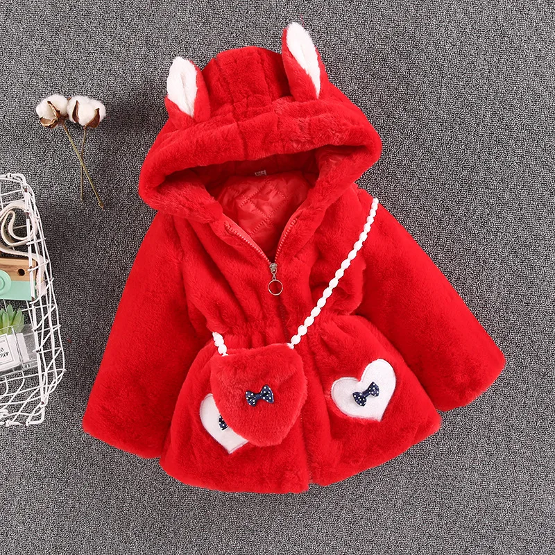Children Clothing Autumn Winter Baby Girl Faux Fur Jacket Toddler Hooded Plush Thicken Coats with Bag Kids Cotton Outerwear