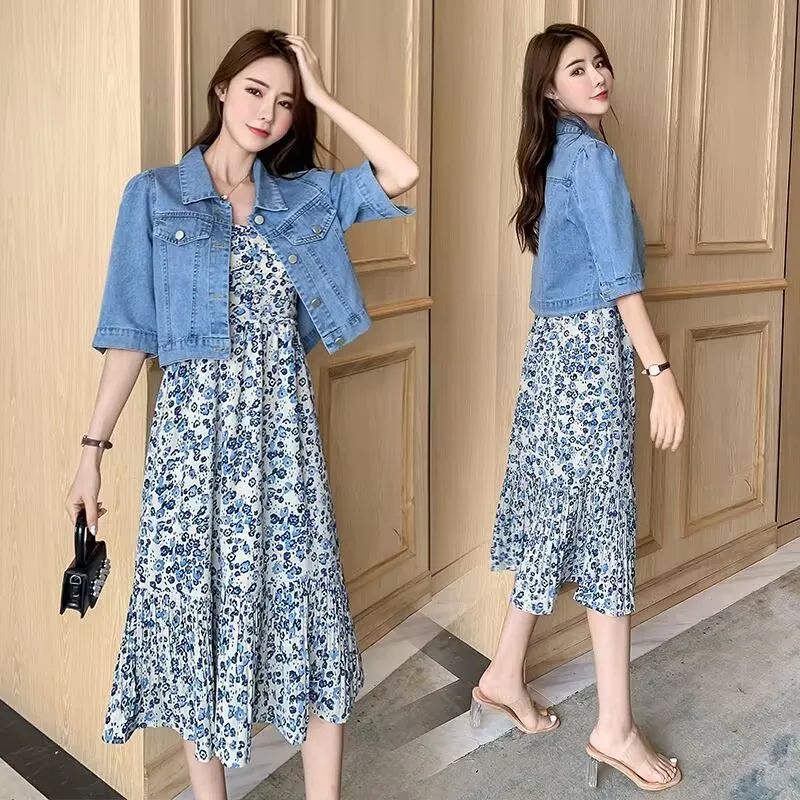 Women's Vintage Solid Crop Denim Jacket - Trendy Turn Down Collar Half Sleeve Outwear