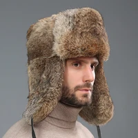 Fashion Thick Warm Bomber Hat Men Real Rabbit Fur Earflap Trapper Russian Cap Male Plus Size Winter Hats for Men Ski Russian Hat 2
