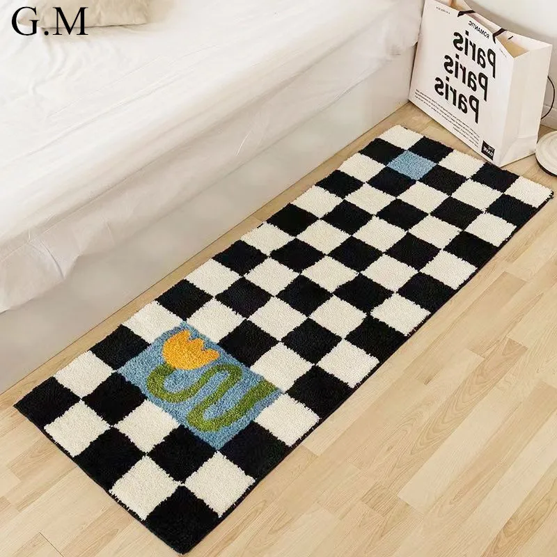 

Ins Style Flocked Fluffy Checkerboard Plaid Carpet White Black Water Absorption Quick Drying Washroom Floor Mat Rugs for Bedroom