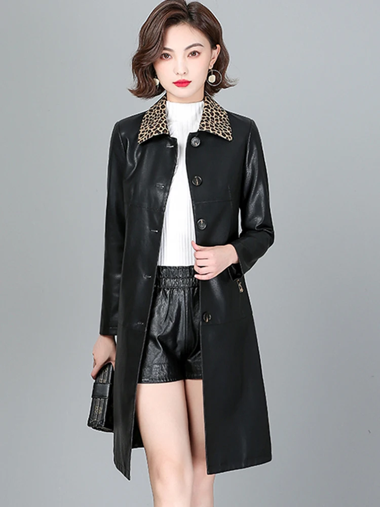New Women Leather Coat Spring Autumn Fashion Leopard Collar Shirt Style Slim Sheepskin Coat Casual Long Outerwear Split Leather