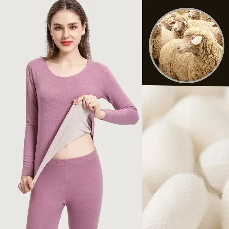 AutumnWinterMulberrySilkWoolThermalUnderwearWomenSetBaseLayer