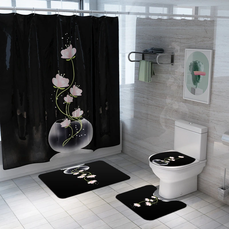 Klacht last Bruin Black Lotus Badkamer Douchegordijn Set Waterdicht Polyester Bloem Printing  Douchegordijnen Antislip Badmat Home Decor| | - AliExpress