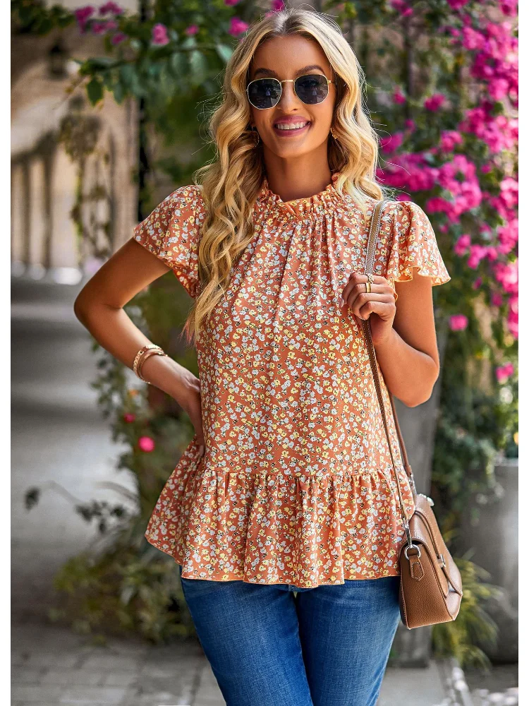

Bohemian Print Casual Summer Blouses Women 2023 Spring Short Sleeved Loose Tops Broken Flower Women's Top Blusas Mujer