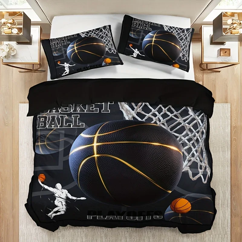 3PCS Sports Basketball HD Printed Duvet Cover Set Vibrant Soft Breathable Bedding with 1 Duvet Cover And 2 Pillowcases
