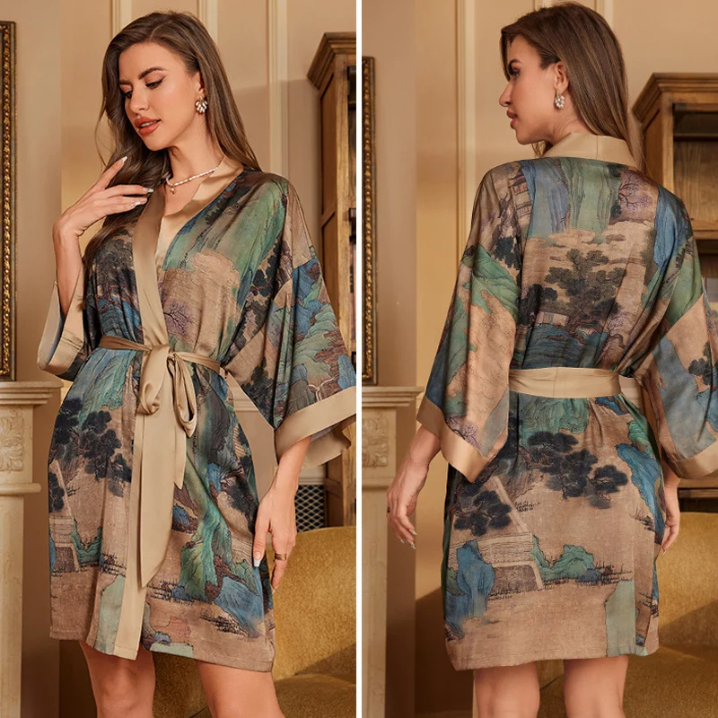 Navy Blue Floral Silk Satin Kimono-Style Nightgown