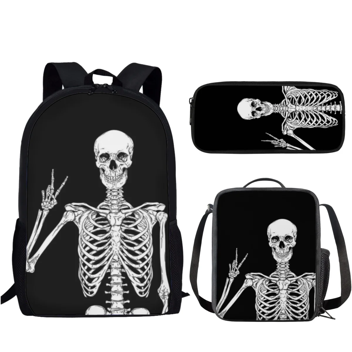 

Funny Skeleton Black Skull Pattern School Bag for Boy Girl Set of 3 Large Capacity Backpack Pencil Case Bookbag Student Gifts