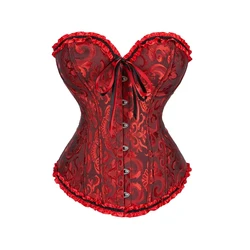 BurVogue Women's Lace-Up Floral Boned Overbust Corset Lingerie - S (Black Red)