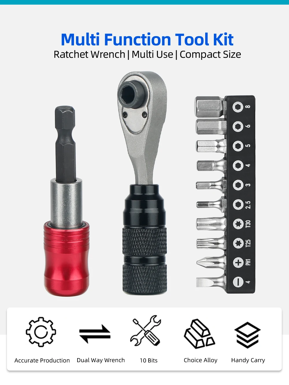 Kompakte Ratsche Dual Way Wrench Kit Reifen Hebel Werkzeuge W/10 Bits Fahrrad Reiten Schnelle Reparatur Zubehör Fahrrad Reparatur Werkzeug Tasche – Detail 1