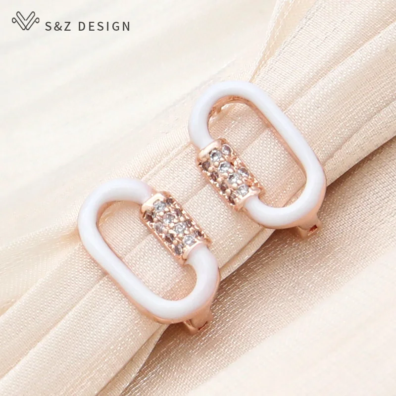 S&Z DESIGN New Fashion Annular Egg Shape 585 Rose Gold Color Enamel Drop Earrings For Women Jewelry Cubic Zirconia Eardrop