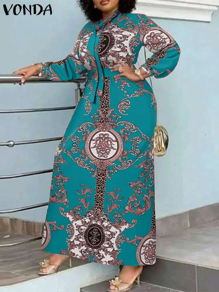 

2023 VONDA Bohemian Printed Sundress Autumn Women Maxi Dress Long Sleeve Stand Collar Casual Party Robe Holiday Vestidos Belted