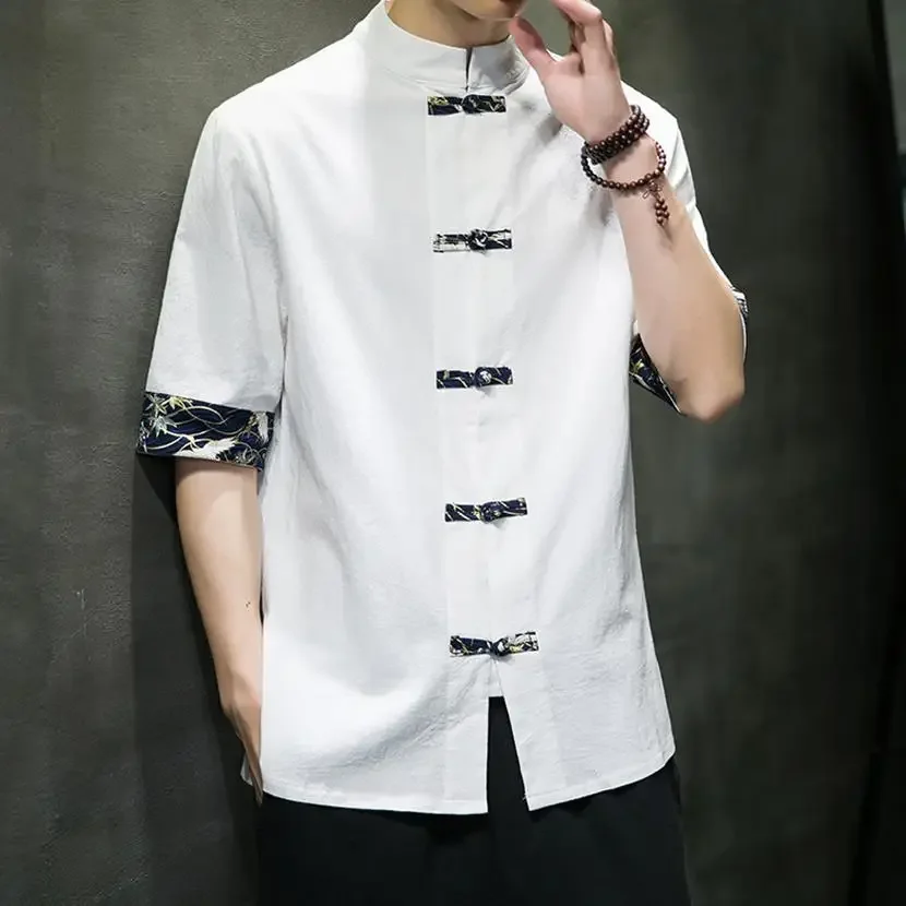 Japanese Retro Casual Kimono Shirt Men\'s Chinese Print Cotton Linen Stitching Short-sleeved Tops Summer Men\'s Streetwear