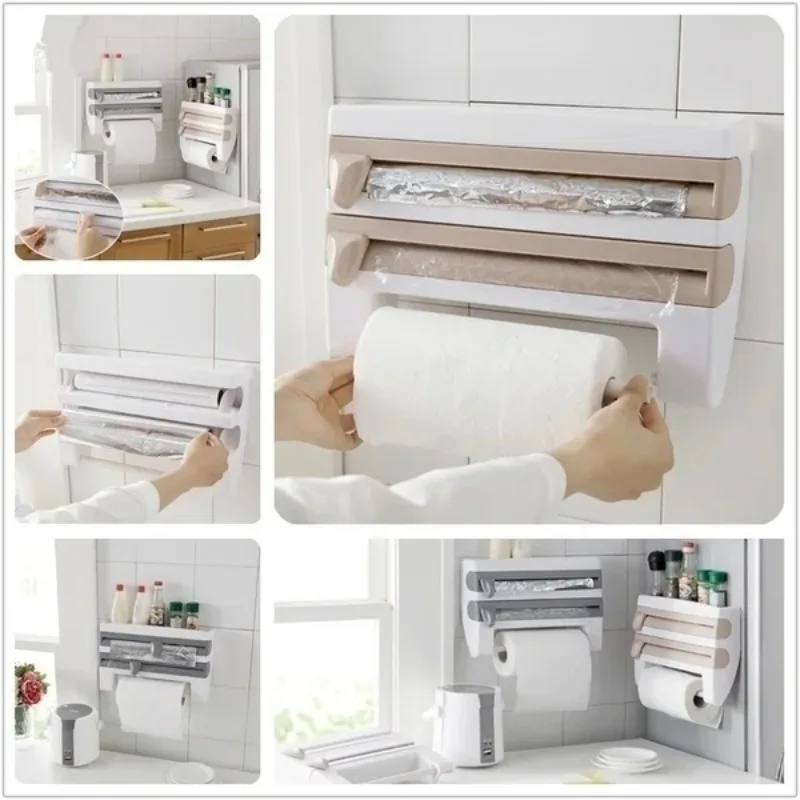 Wall Mounted Paper Towel Rack Sauce Bottle Rack 4 in 1plastic Wrap Cutting Rack Multifunctional Kitchen Storage Rack Accessories
