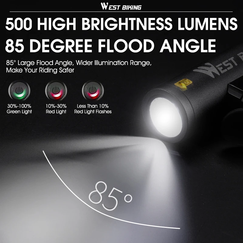 WEST BIKING Bicycle Front Light 500LM USB Rechargeable Aluminium Alloy Flashlight Cycling Headlight Aluminium Alloy Bike Lamp
