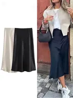 HH Women Elegant Solid Satin Long Skirt Chic Y2K High Waist Slim Skirts Female Fashion Silk Texture Ladies Tight Midi Skirt