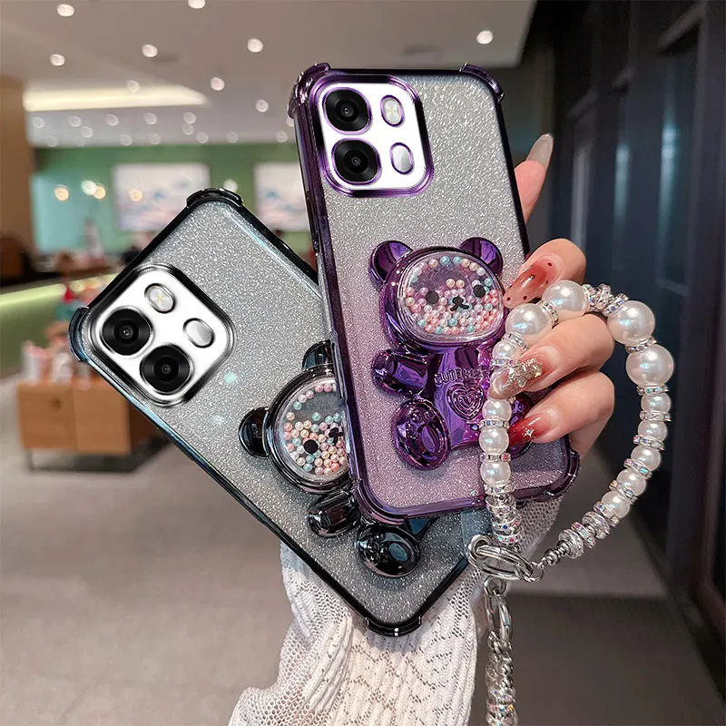 Cute Bear Cartoon Glitter Phone Case with Pearl Lanyard Strap - Shockproof and Stylish