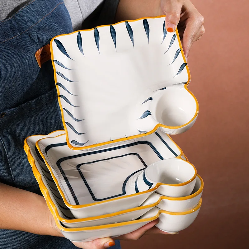 Japanese Ceramic Gyoza Plate With Dipping Saucer Dishes Cute Dumpling Dish French Fries Ketchup In One Snack Tableware